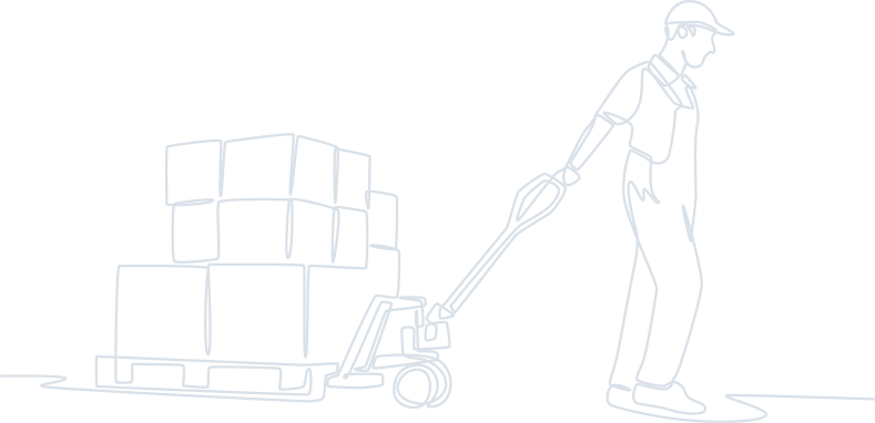Illustration of a warehouse worker moving stacked of cartons with the help of Hand Pallet Truck